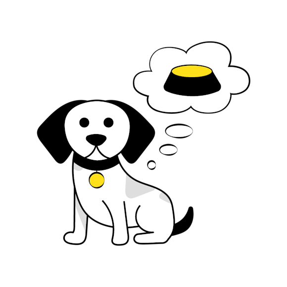 identify customer needs - Cartoon dog with black ears and yellow collar tag dreaming of a food bowl with yellow contents in a thought bubble above its head