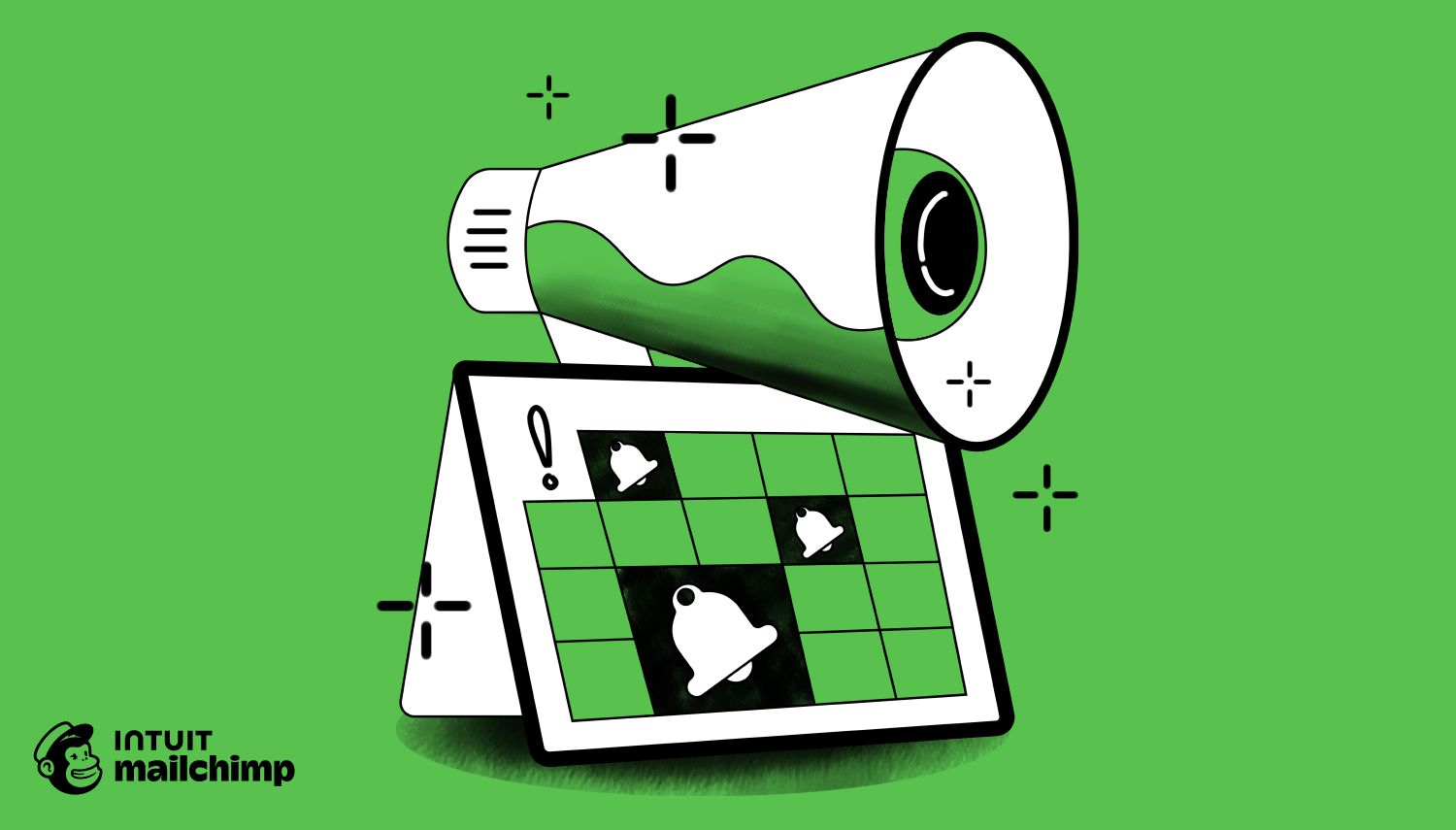 Illustration of a megaphone above a calendar with bell icons, on a green background with Mailchimp logo
