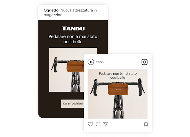 E-mail di marketing e annuncio su Instagram che utilizzano la stessa immagine del prodotto.