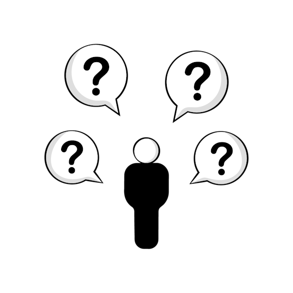 solve customer pain points - Black silhouette of a person surrounded by four speech bubbles containing question marks