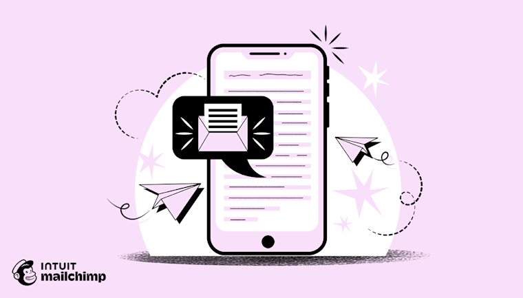 Stylized illustration of a mobile phone with paper airplanes flying around it on a pink background, with Intuit Mailchimp logo below