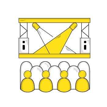 A crowd of people watching a stage where overhead spotlights shine down. 