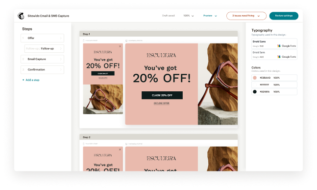 Email marketing interface showing a 20% off promotional campaign design with pink banners and leather bag product images
