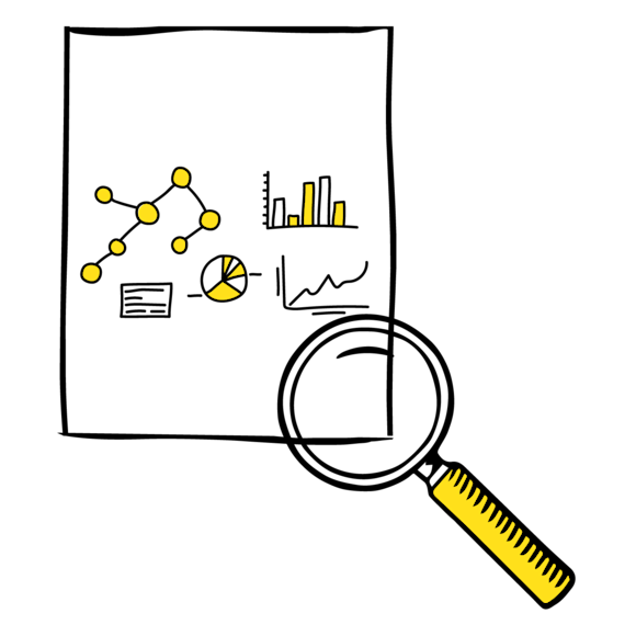 paper with data a graphs on it with a magnifying glass