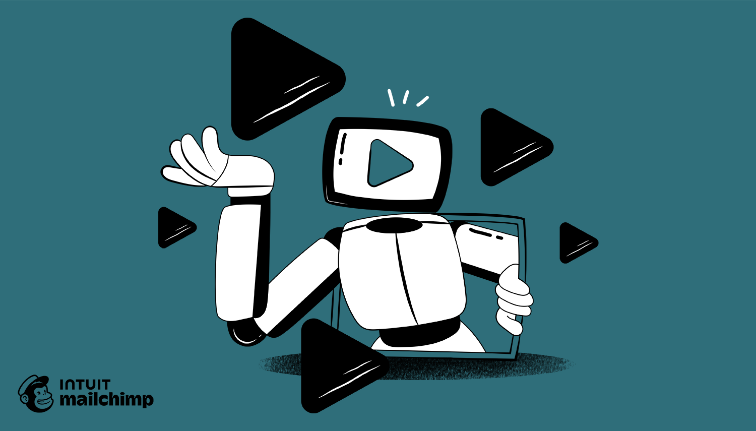 Cartoon robot character surrounded by floating black play button icons, holding a mobile device with video player screen on teal background