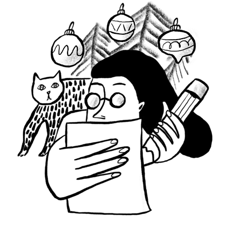 Illustration of woman and cat around a Christmas tree writing a note