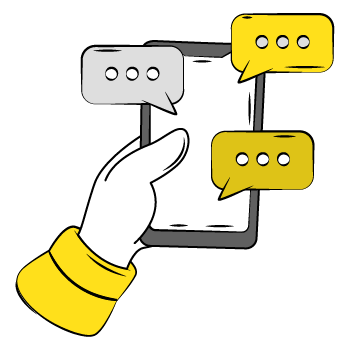 A hand holding a smart phone with three text bubbles coming out of the screen.