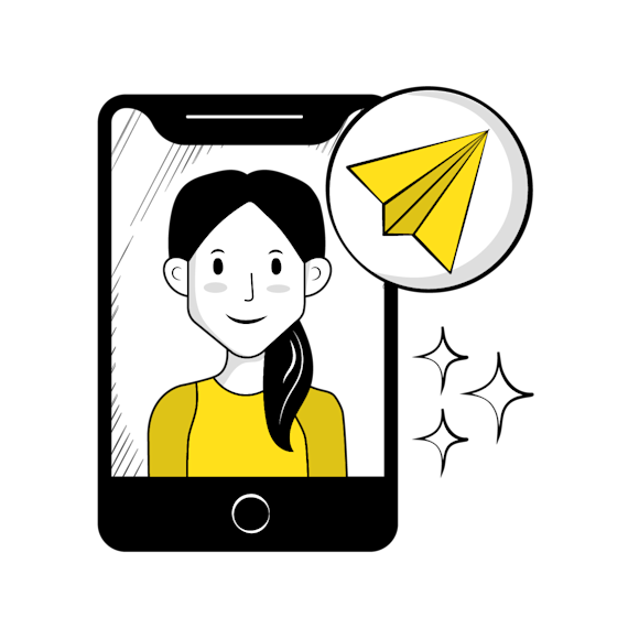 website images - Cartoon illustration of a smiling person in a yellow shirt on a mobile phone screen, with a yellow paper airplane icon nearby