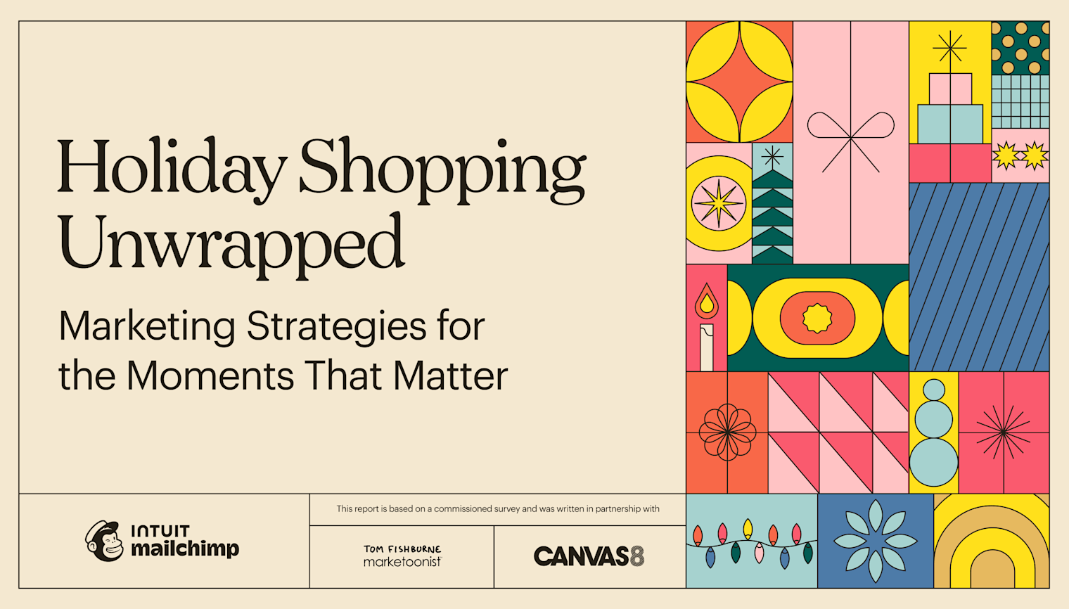 Marketing report cover with retro holiday illustrations featuring geometric patterns, presents, candles and stars in pink, yellow and blue tones