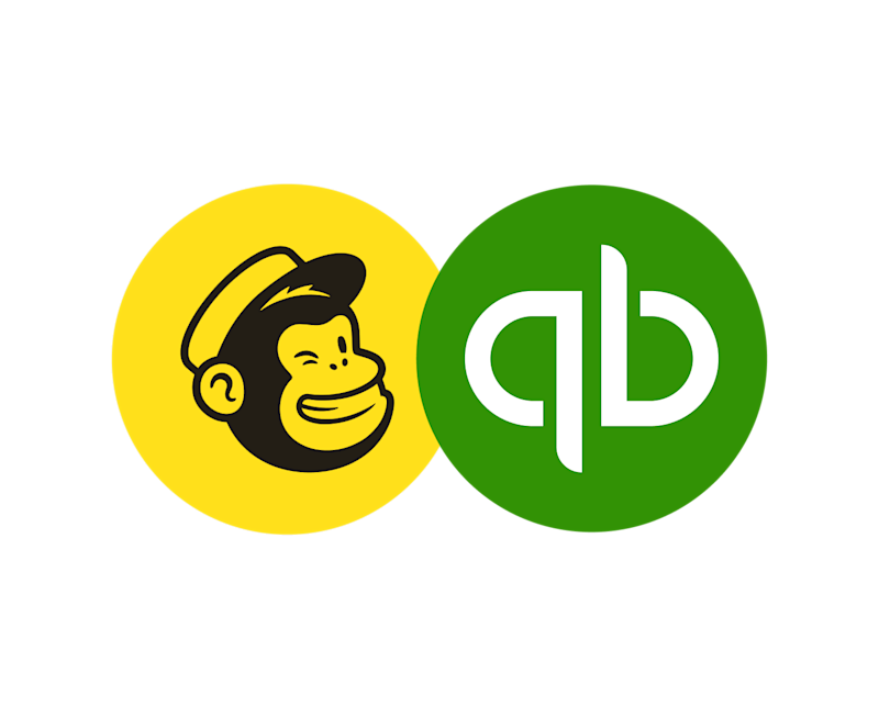 Logo Mailchimp et logo QuickBooks placés côte à côte dans des cercles distincts.