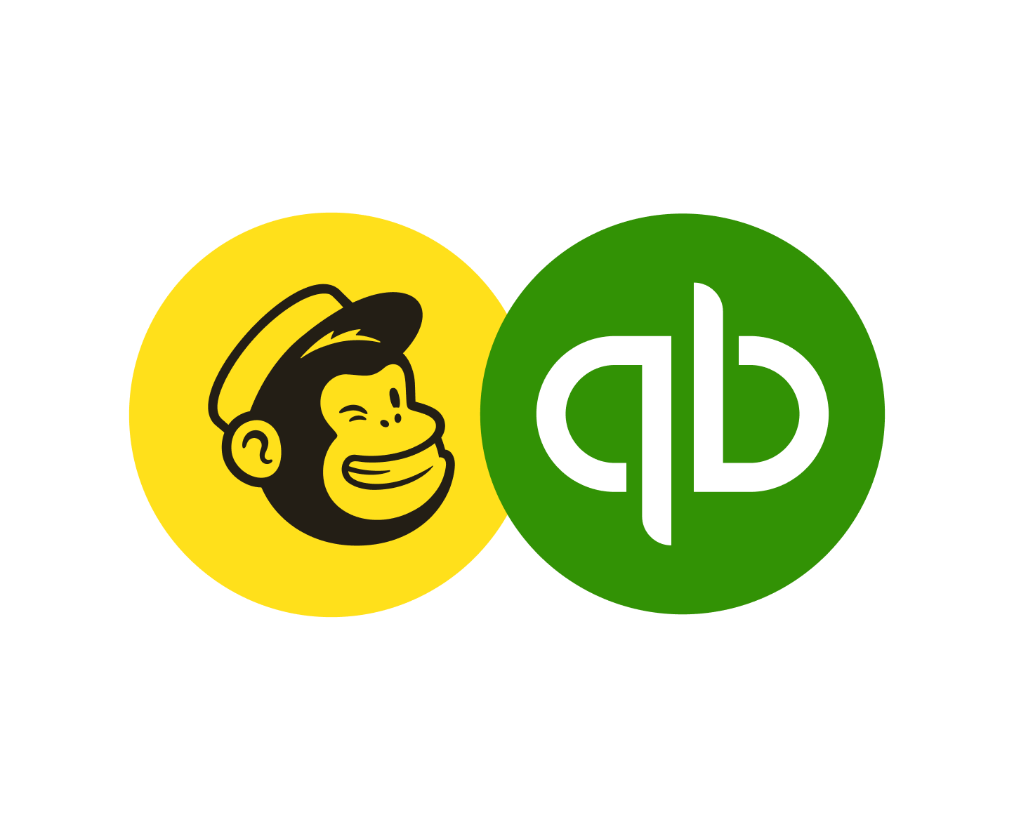 Lockup del logo Mailchimp e del logo QuickBooks, ogni logo racchiuso in cerchi separati e affiancati