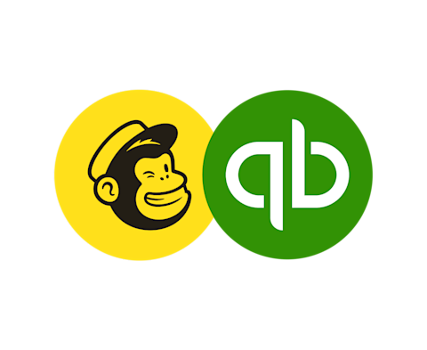 Logotipo do Mailchimp e lockup do logotipo do QuickBooks em conjunto, cada logotipo dentro de círculos separados e colocados lado a lado