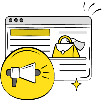product campaign - Simple line drawing of an interface with a shopping bag and a yellow circular overlay with a megaphone