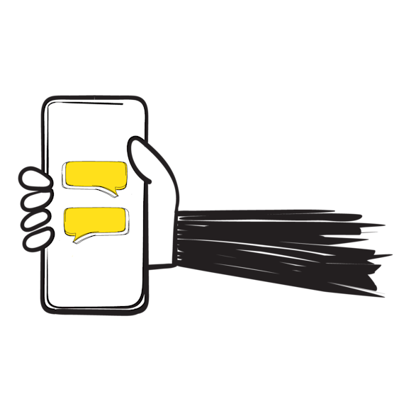 hand holding a phone with two text bubbles