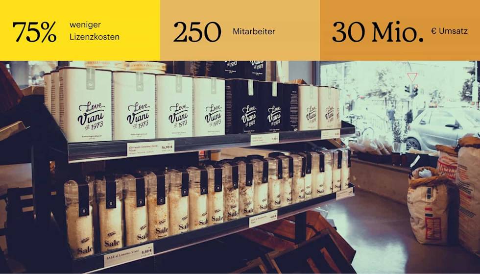 Retail display shelves stocked with Love Viani branded products from 1973, including olive oil bottles and packaged goods arranged in rows