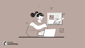Cartoon illustration of a woman with black hair in a white outfit sitting at a desk, with floating interface elements and the Mailchimp logo below