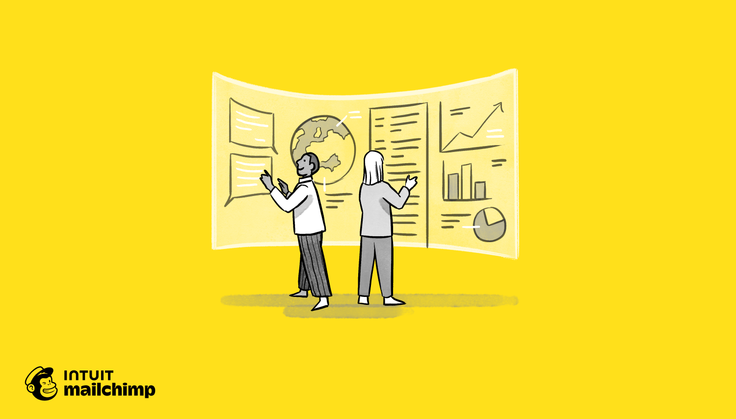 Two people analyzing data visualizations and charts on a curved display wall showing global statistics and business metrics