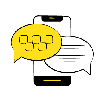 sms vs mms - Simple cartoon illustration of yellow chat bubbles with black graduation caps moving in sequence from left to right