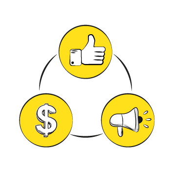 domain name - three bright yellow circles showing a thumbs up icon, dollar sign, and megaphone icon
