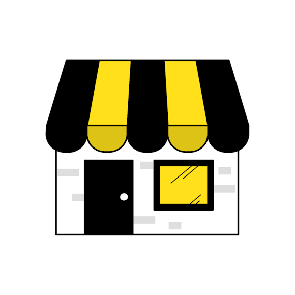 support small businesses - Simple storefront with black and yellow striped awning, black door, and yellow window on white building facade