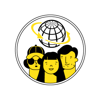 online business ideas - three smiling faces in a circular frame with a globe icon above it