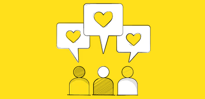 Simple line drawings on yellow background showing speech bubbles with heart icons and silhouetted figures engaged in conversation