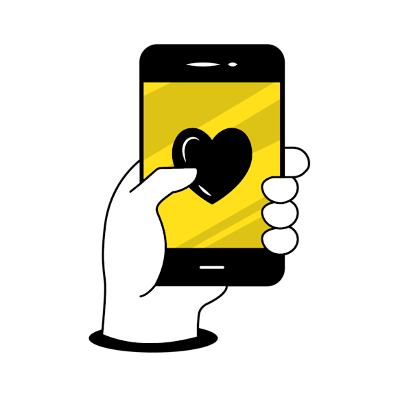 benefits for webhooks - Illustration of a hand holding a black smartphone with a yellow screen display and a black heart icon