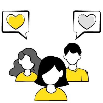 boost credibility - Simple line drawings of people with speech bubbles and heart icons above them in yellow and gray colors