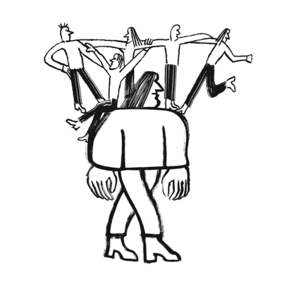 Illustration of figure carrying smaller figures on their shoulders