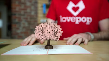 Pink cherry blossom pop-up card being displayed on white surface, with person in red Lovepop shirt in background