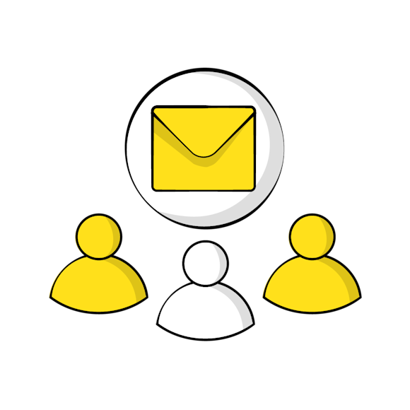 allowlisting misconception concept - Three simple user icons arranged in a row with a yellow envelope icon in a circle above them