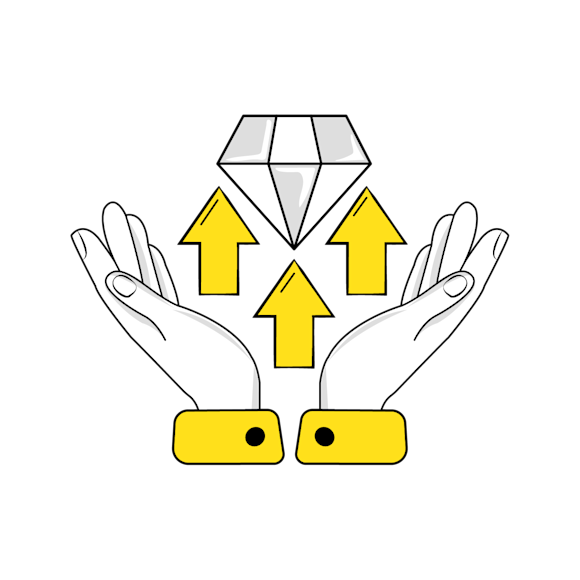 customer lifetime value - Line drawing of two hands releasing yellow upward arrows from yellow rectangular bases, with a diamond shape above