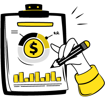 tips for spending - black and yellow illustration showing financial icons, charts, graphs on a clip board