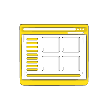 curated content - Simple wireframe illustrations showing different webpage layouts with content blocks and navigation elements outlined in yellow