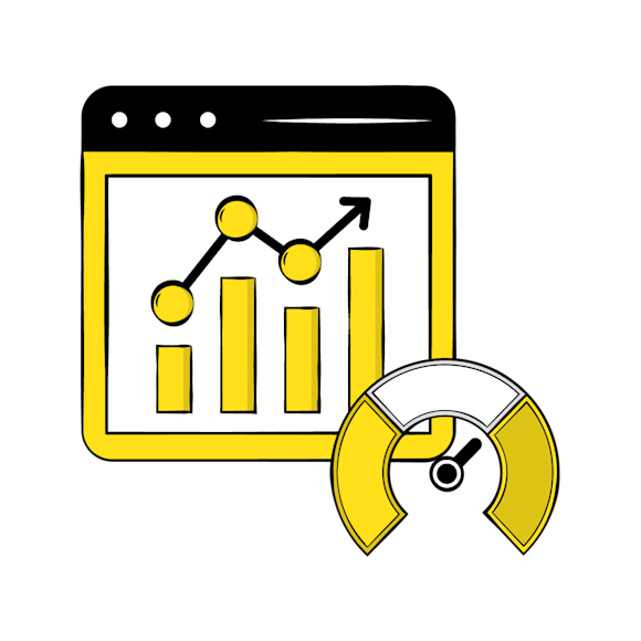 marketing key metrics - Stylized yellow bar graph icon with decorative elements showing ascending columns and circular data points