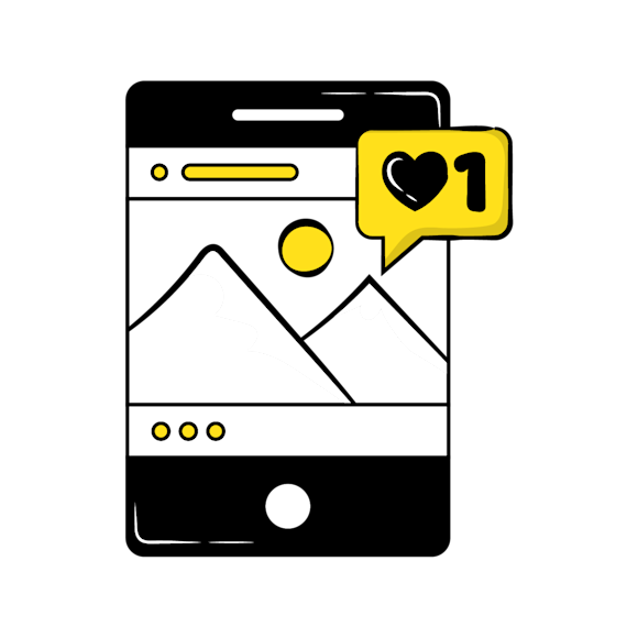 new instagram followers - Minimalist line drawing of a smartphone displaying a social media post with a yellow heart notification
