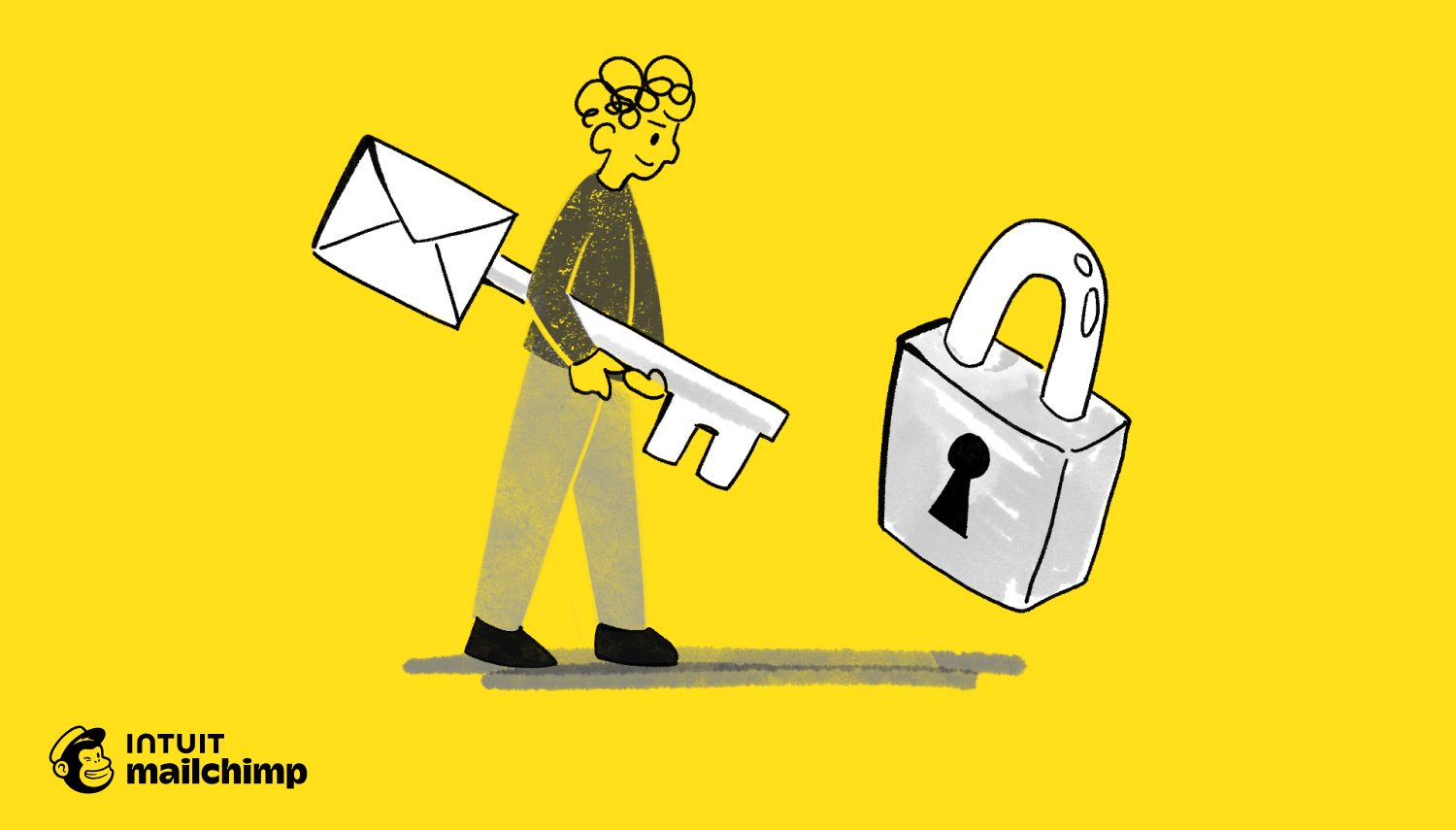 Cartoon figure carrying an envelope and large key approaches a padlock against a yellow background, with Mailchimp logo below