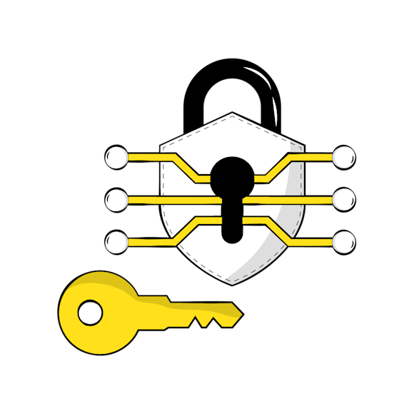 public vs private apis - A black padlock with yellow circuit-like patterns and a yellow key below it, representing digital security or encryption