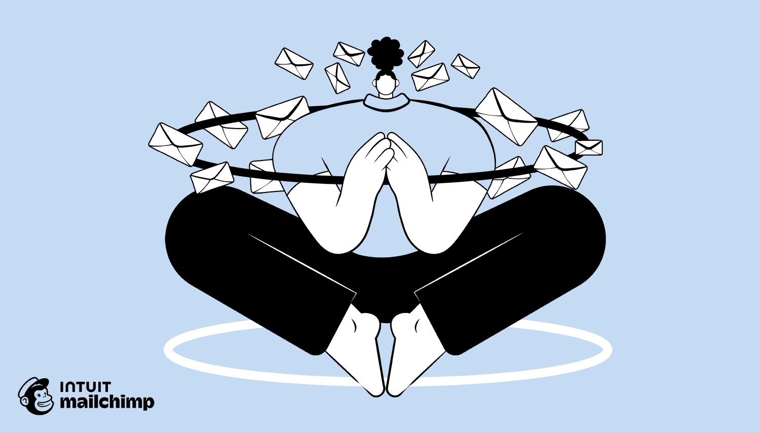Illustration of person sitting cross-legged with hands covering face, surrounded by floating envelope icons in a circular pattern