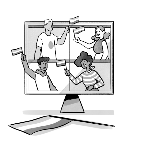 Four people in a video call grid waving small flags in a virtual event