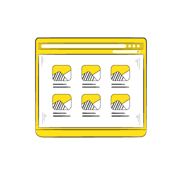 Simple line illustration showing a browser window with six square icons and text elements arranged in a grid layout
