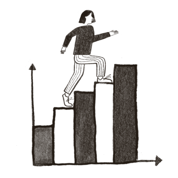 Woman walking up a bar graph