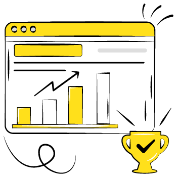 seo success - Simple line drawing illustration showing a web browser window with an increasing bar graph and a trophy underneath